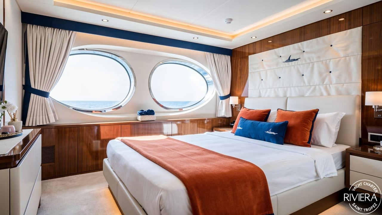 Luxurious yacht master cabin with natural light