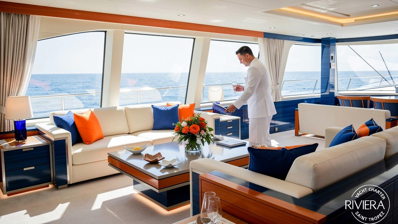 Elegant interior lounge aboard a luxury charter yacht