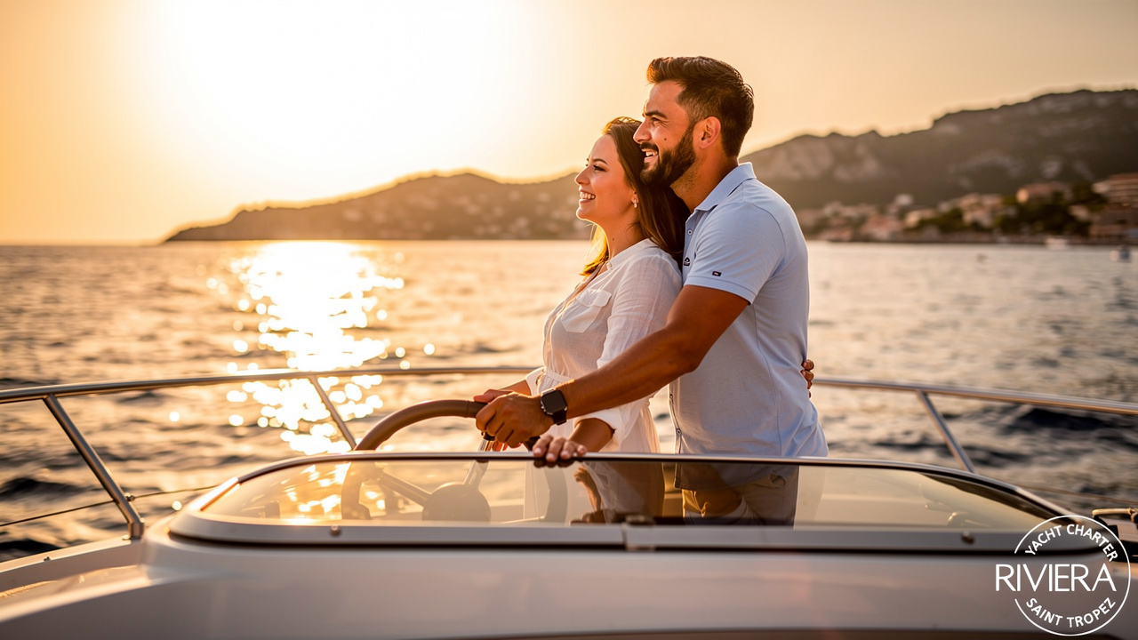Couple enjoying a sunset cruise on a yacht