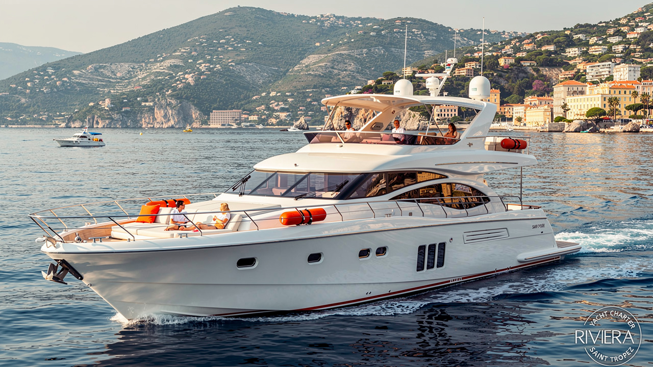 Spacious luxury cruiser yacht near Monaco coastline