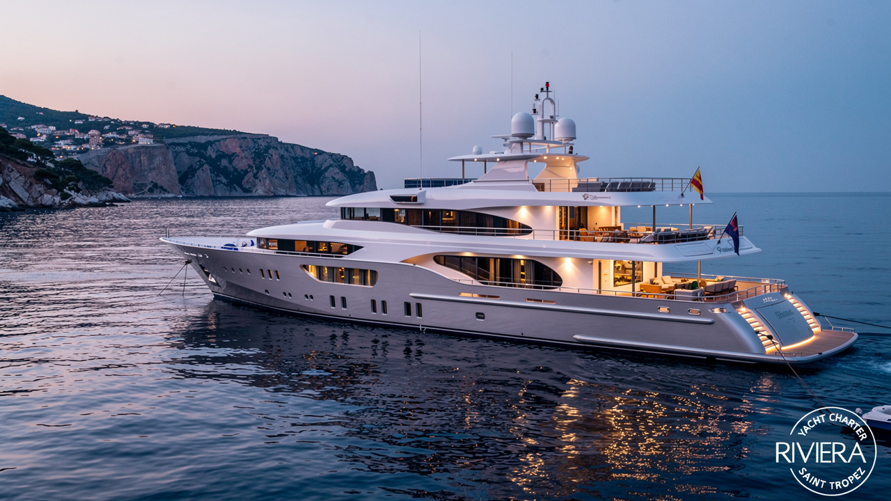 Superyacht anchored in a bay during evening