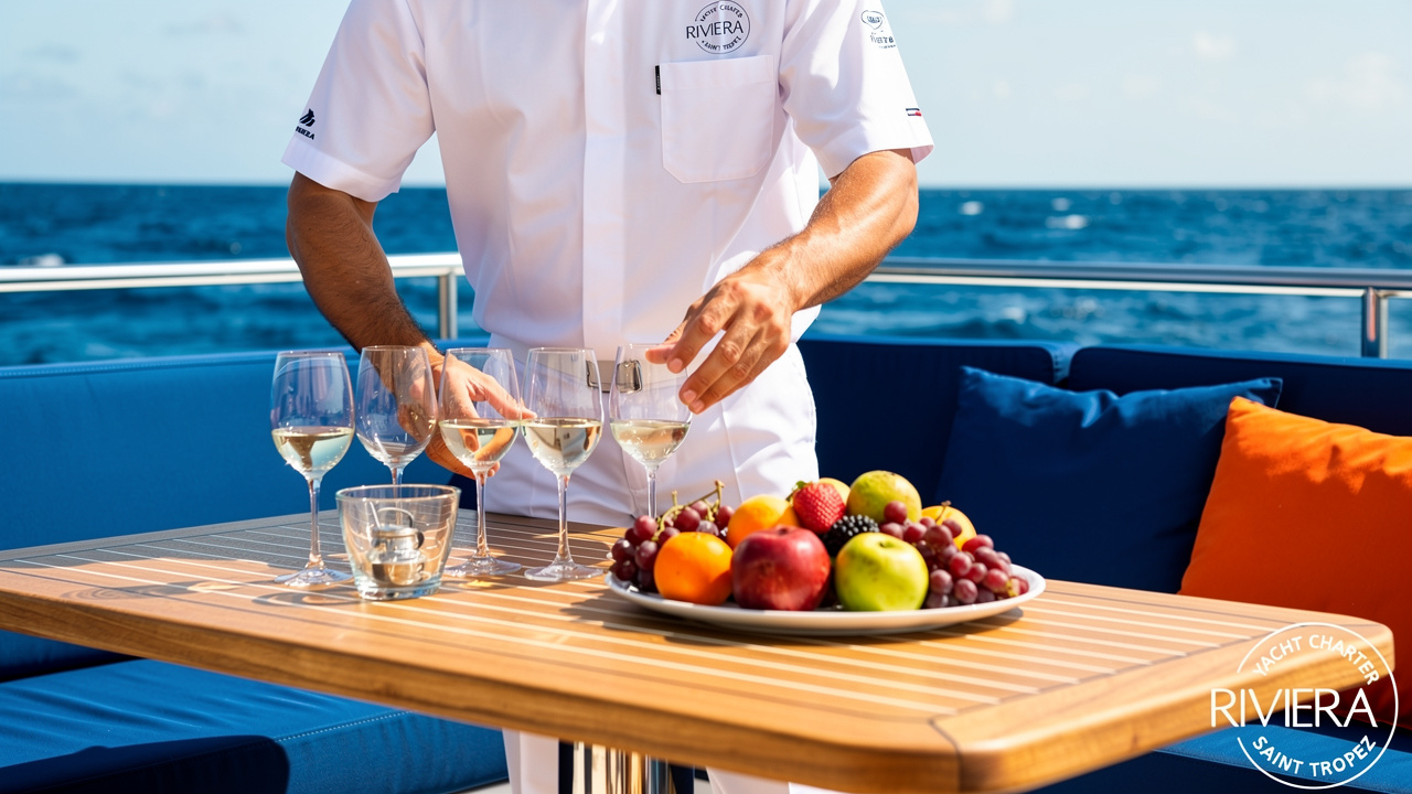 Crew preparing refreshments aboard a charter yacht